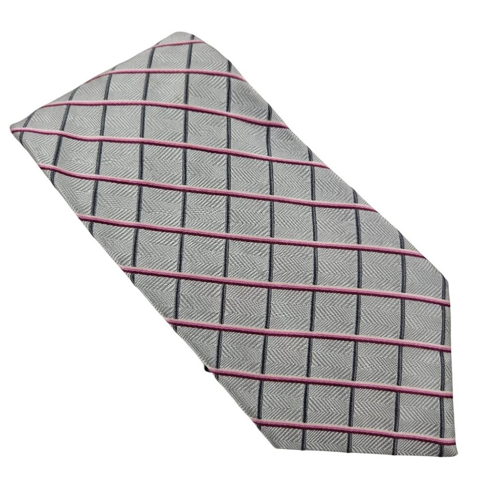 JOS. A. BANK Mens Silk Neck Tie Italy Pink Gray Plaid Formal Dressy Business
